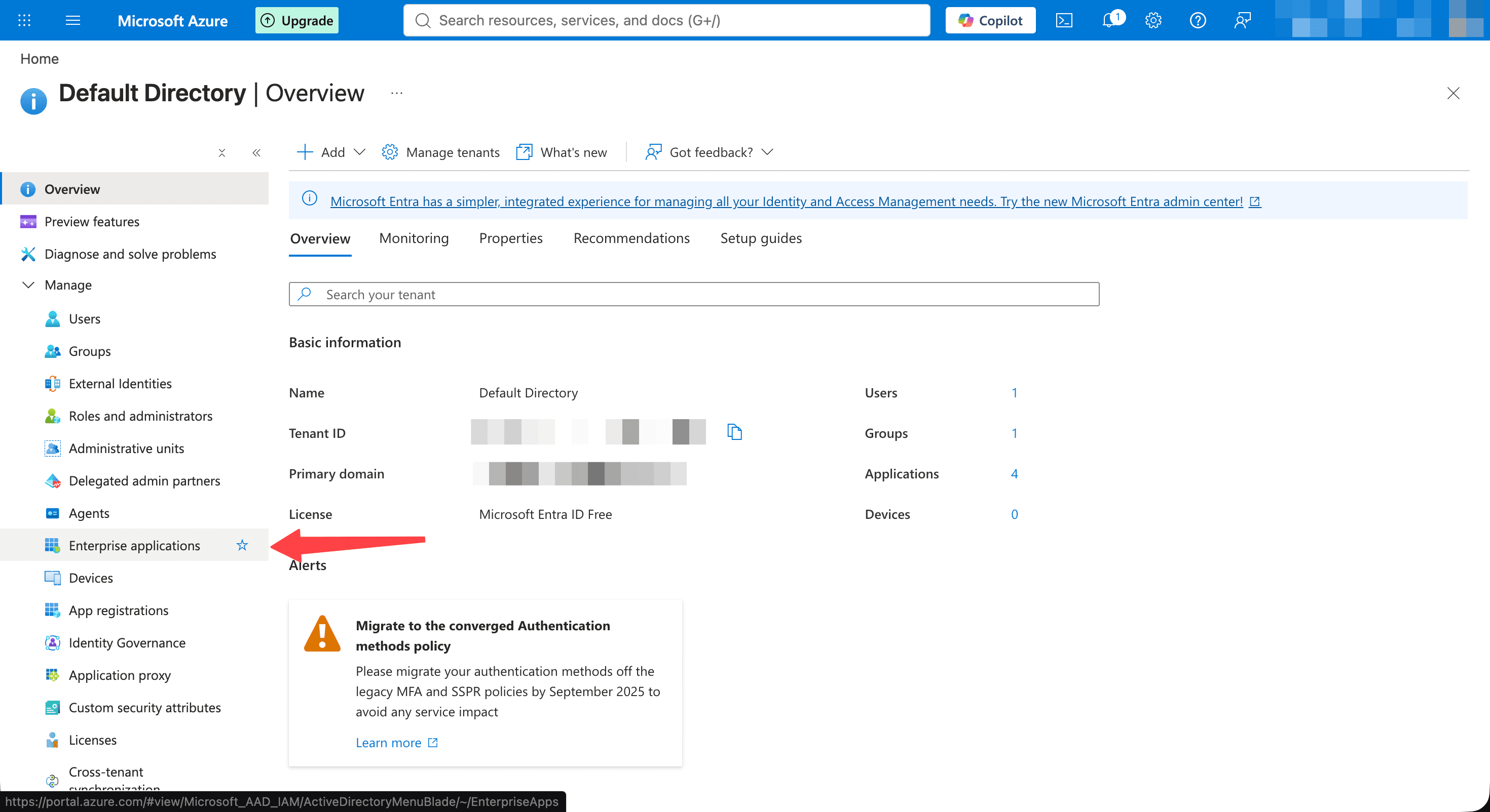 Enterprise applications selected in the Default Directory overview