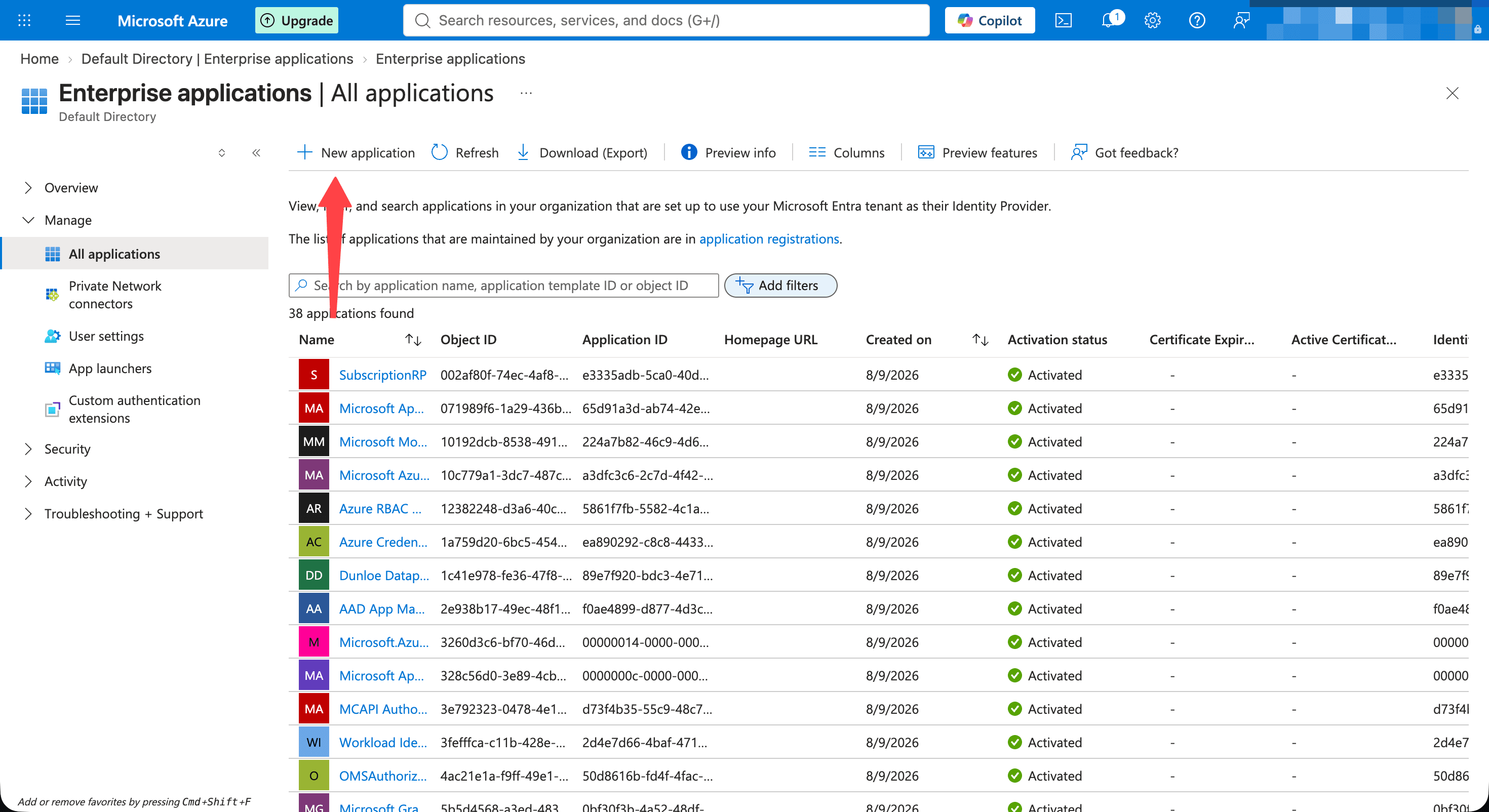 The New application button on the Enterprise applications page