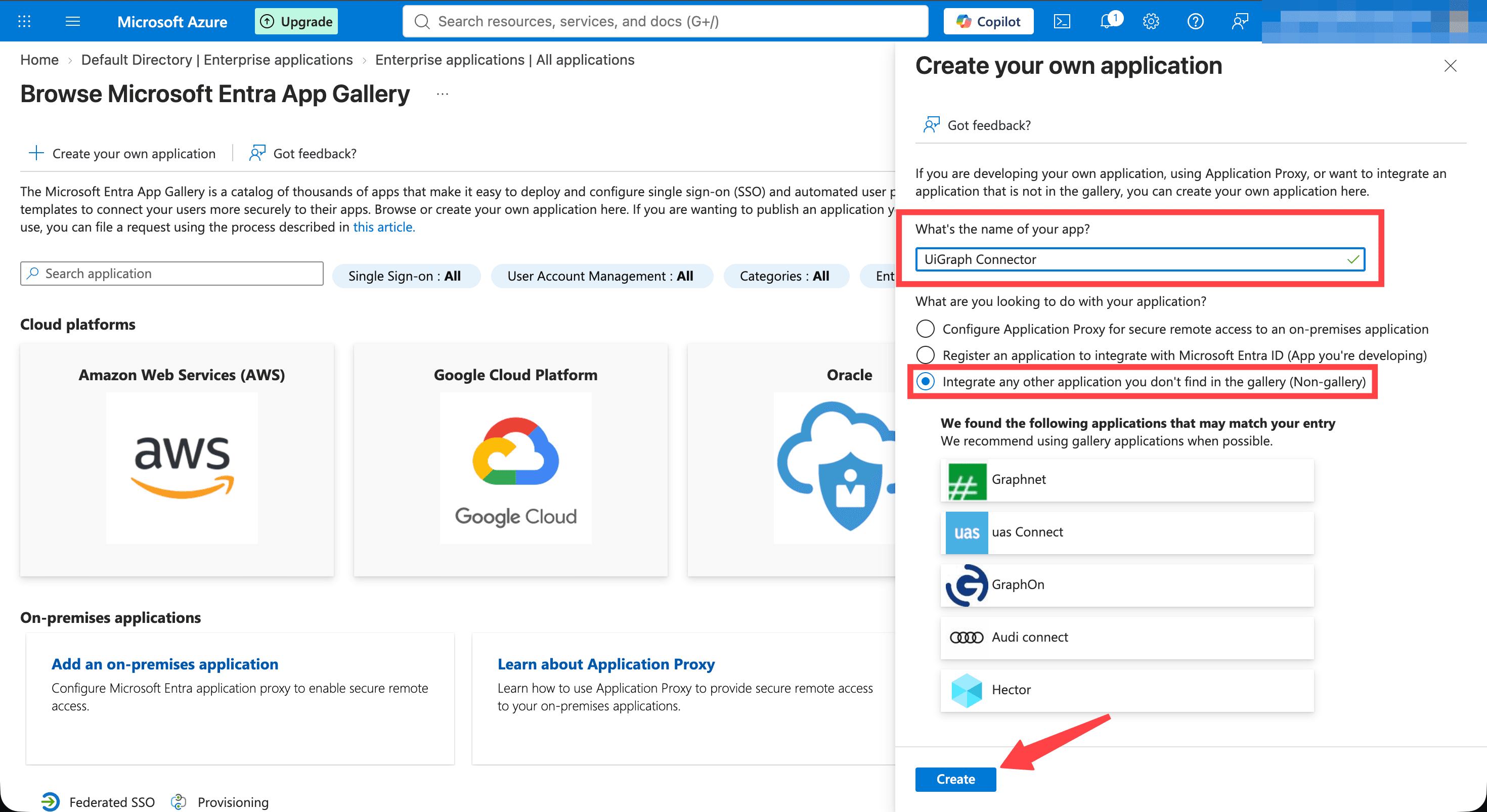 The Create your own application panel with a name entered and the non-gallery option selected