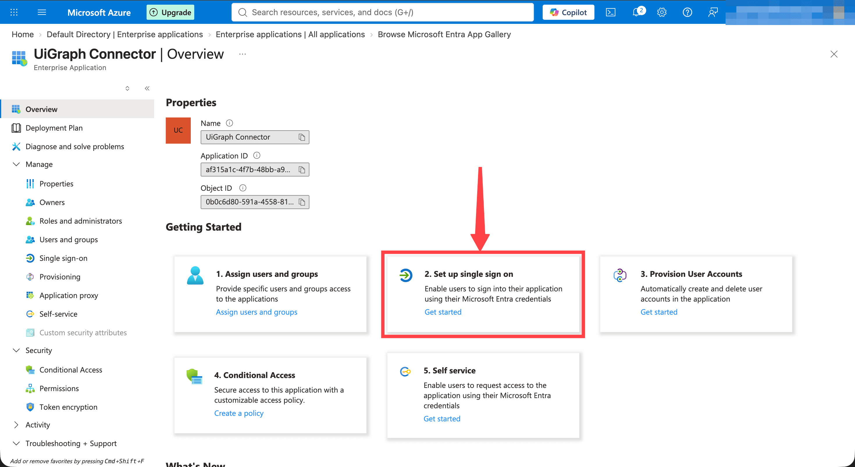 The Set up single sign on card on the application overview