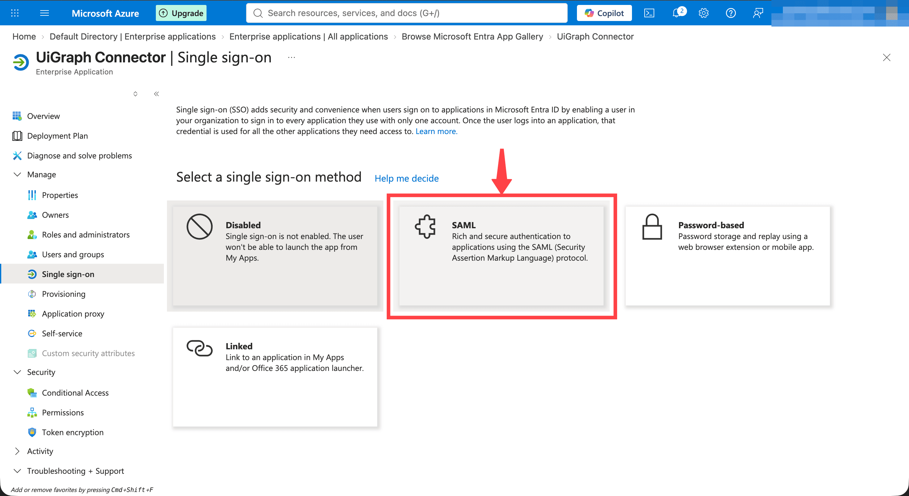 SAML selected as the single sign-on method