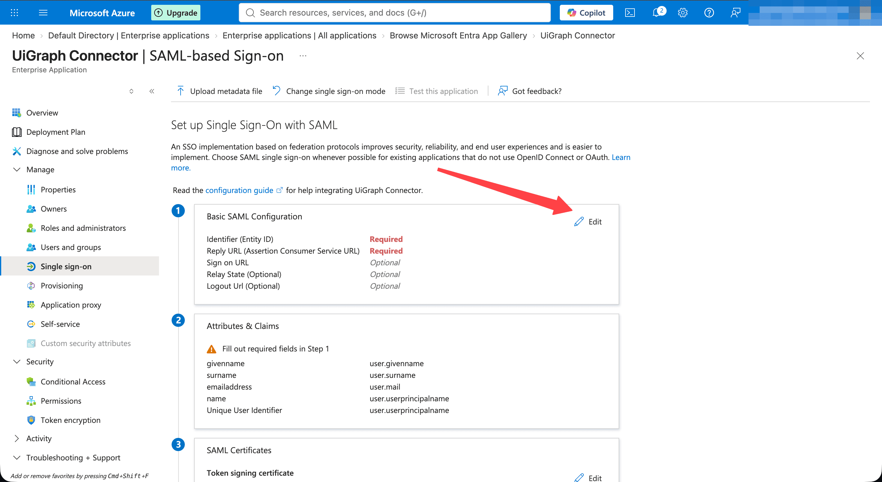 The Edit button on the Basic SAML Configuration card