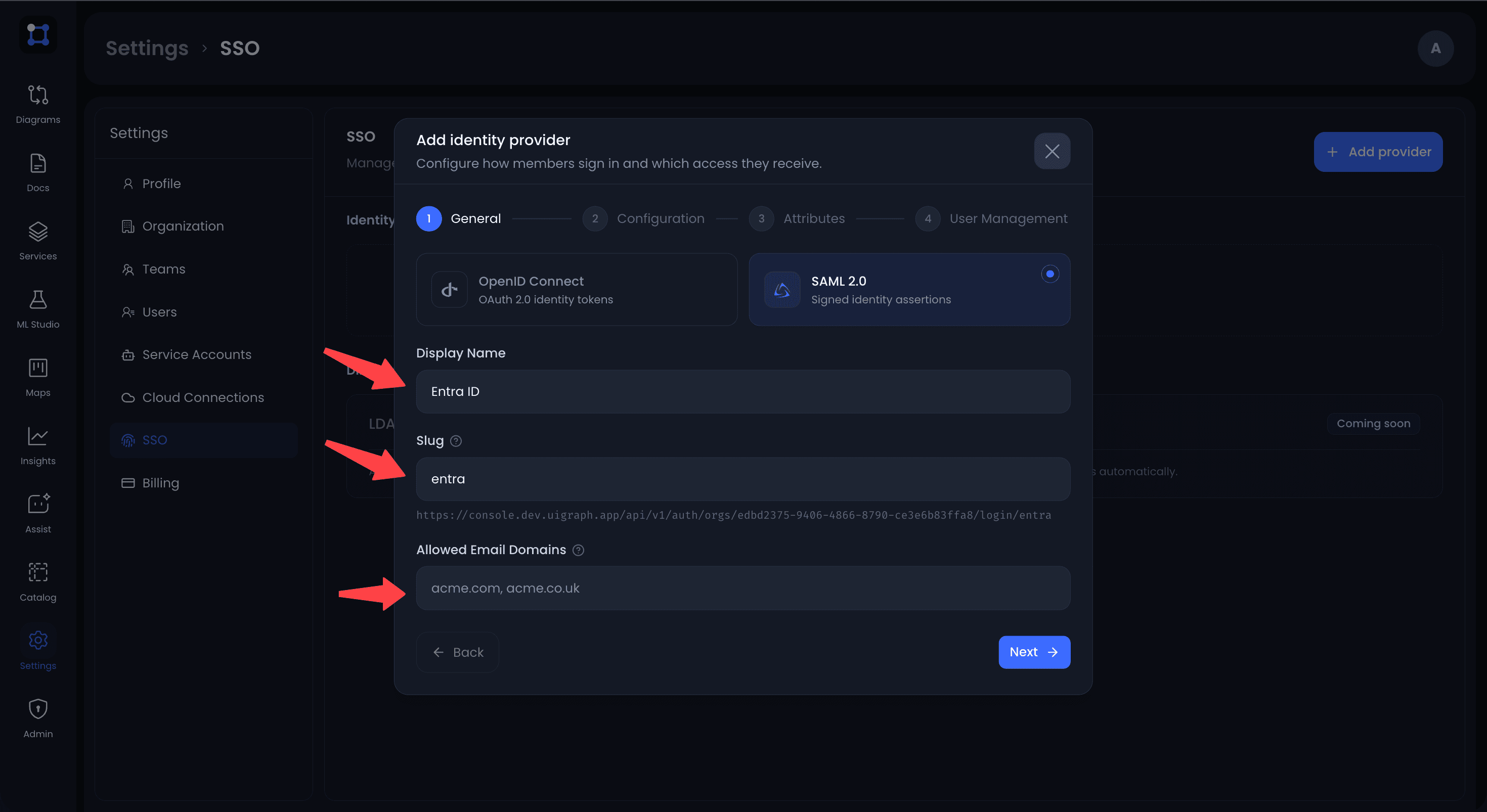 The Add identity provider dialog in UIGraph with SAML 2.0 selected and the display name, slug, and allowed email domains filled in
