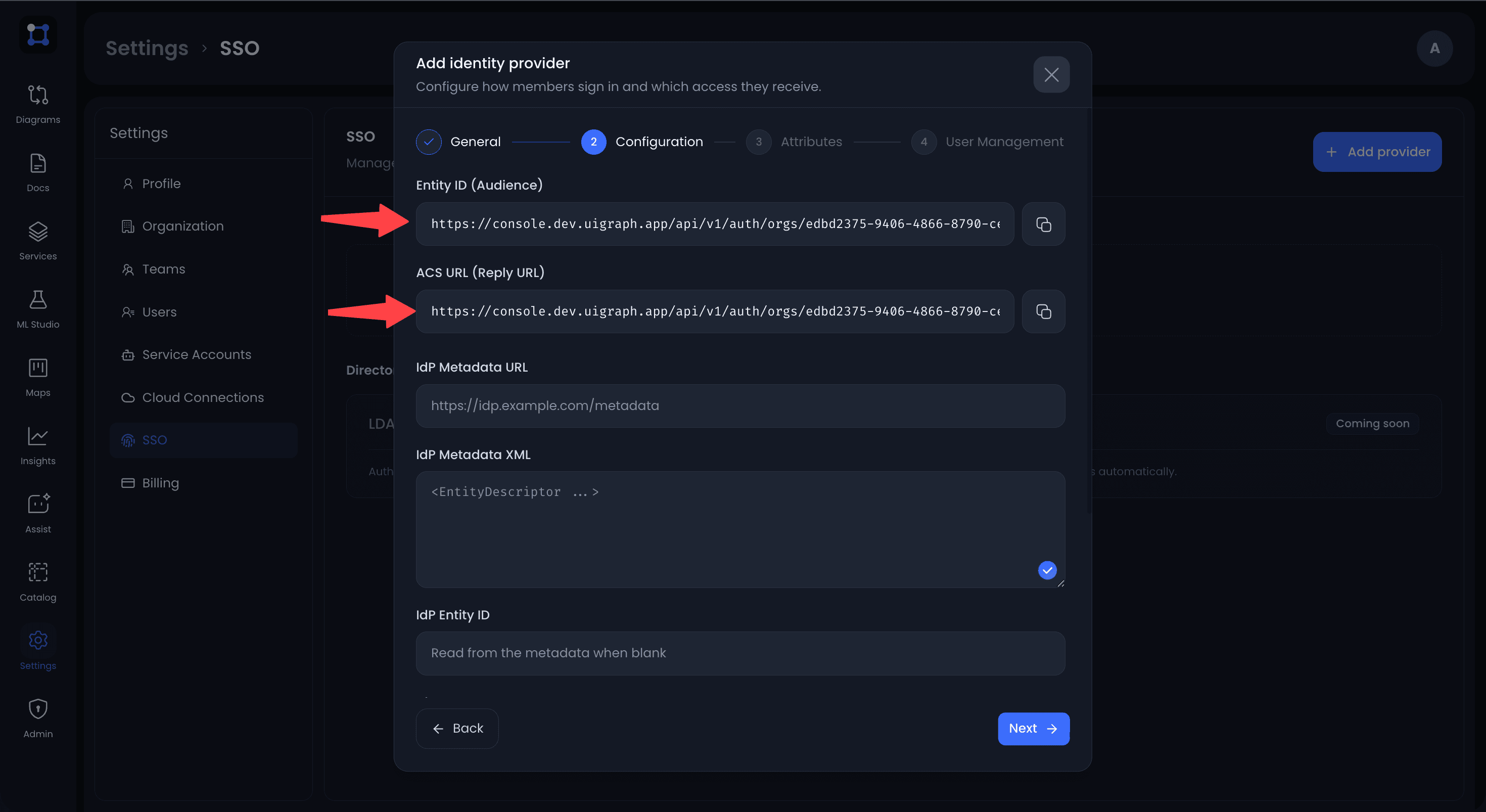 The Configuration step of the UIGraph provider showing the Entity ID and ACS URL fields with copy buttons