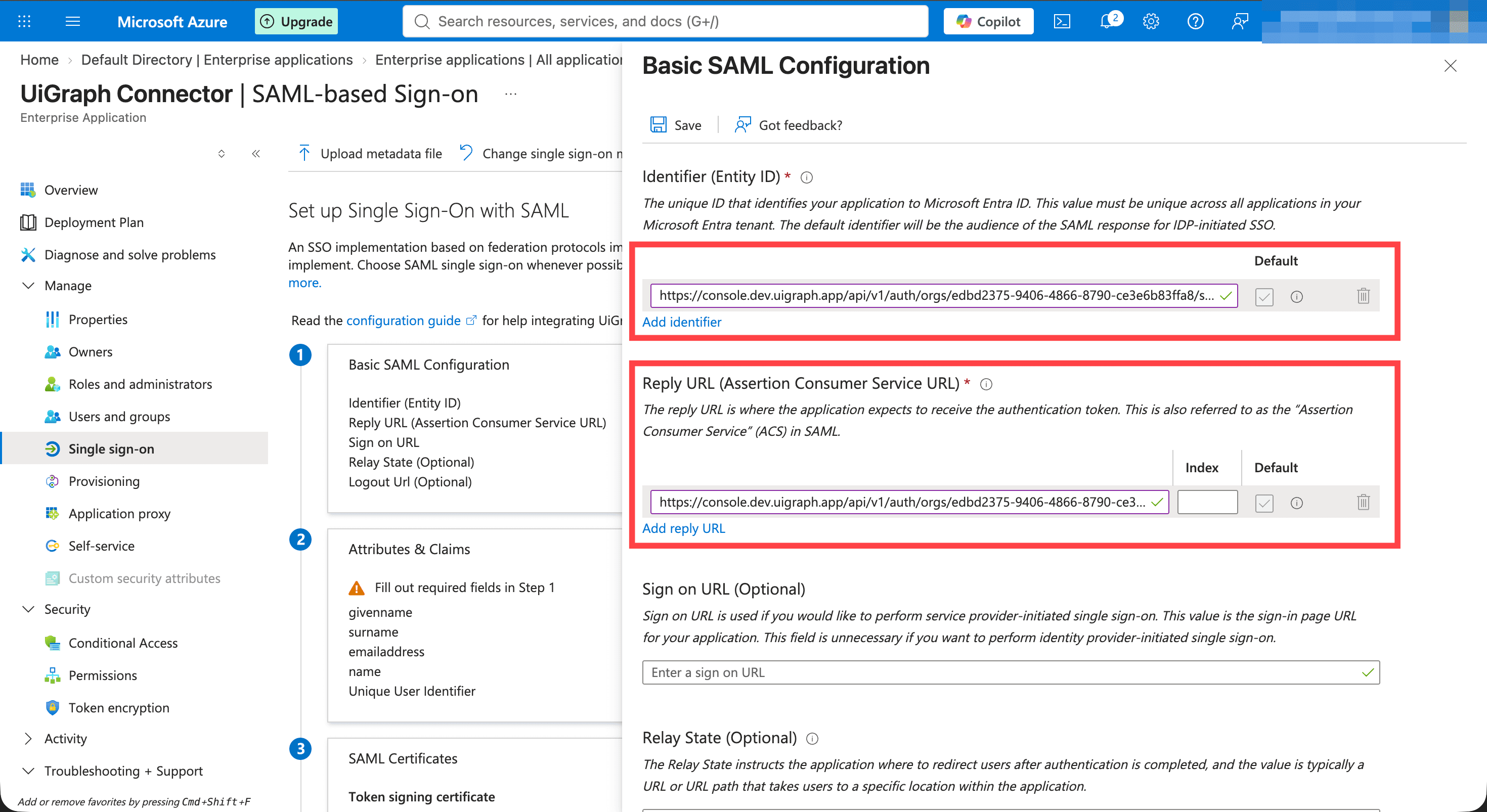 Basic SAML Configuration with the UIGraph entity ID and ACS URL pasted in