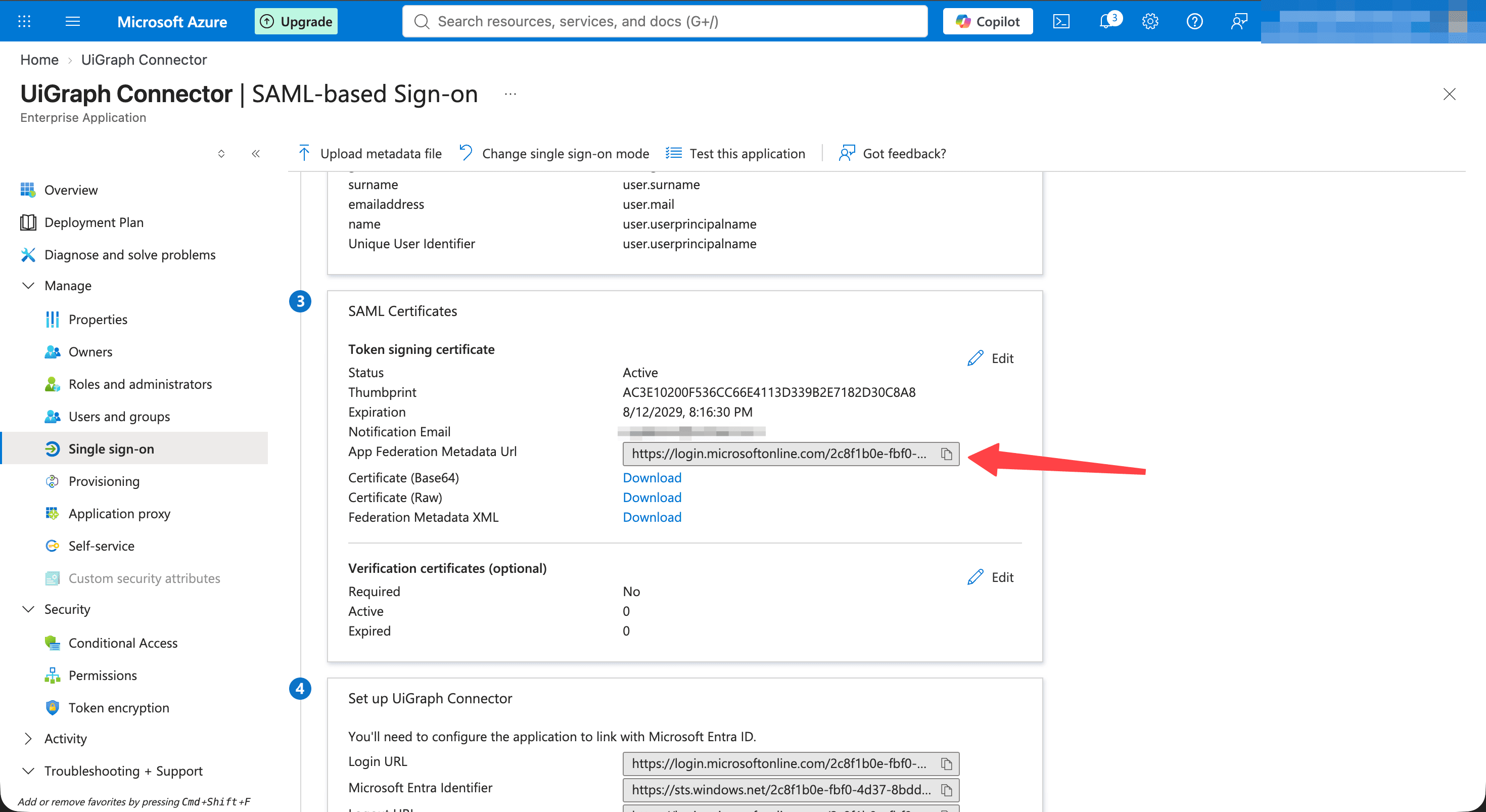 The App Federation Metadata Url field under SAML Certificates