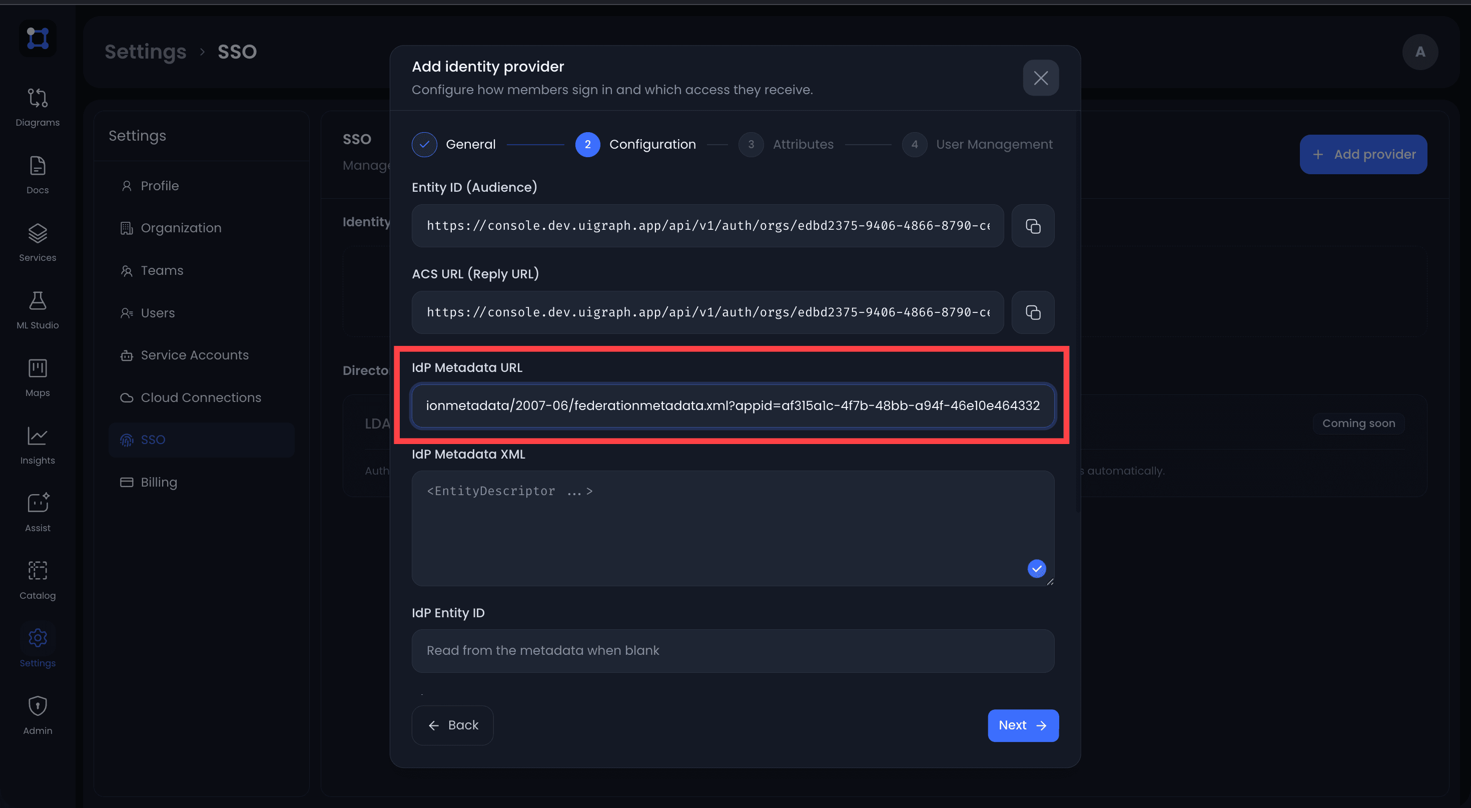 The IdP Metadata URL field of the UIGraph provider filled with a federation metadata address