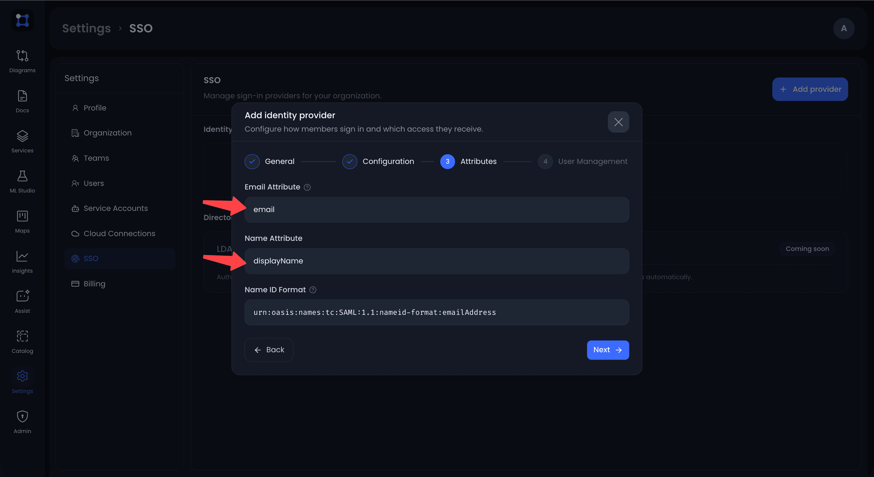 The Attributes step of the UIGraph provider with the email attribute set to email and the name attribute set to displayName