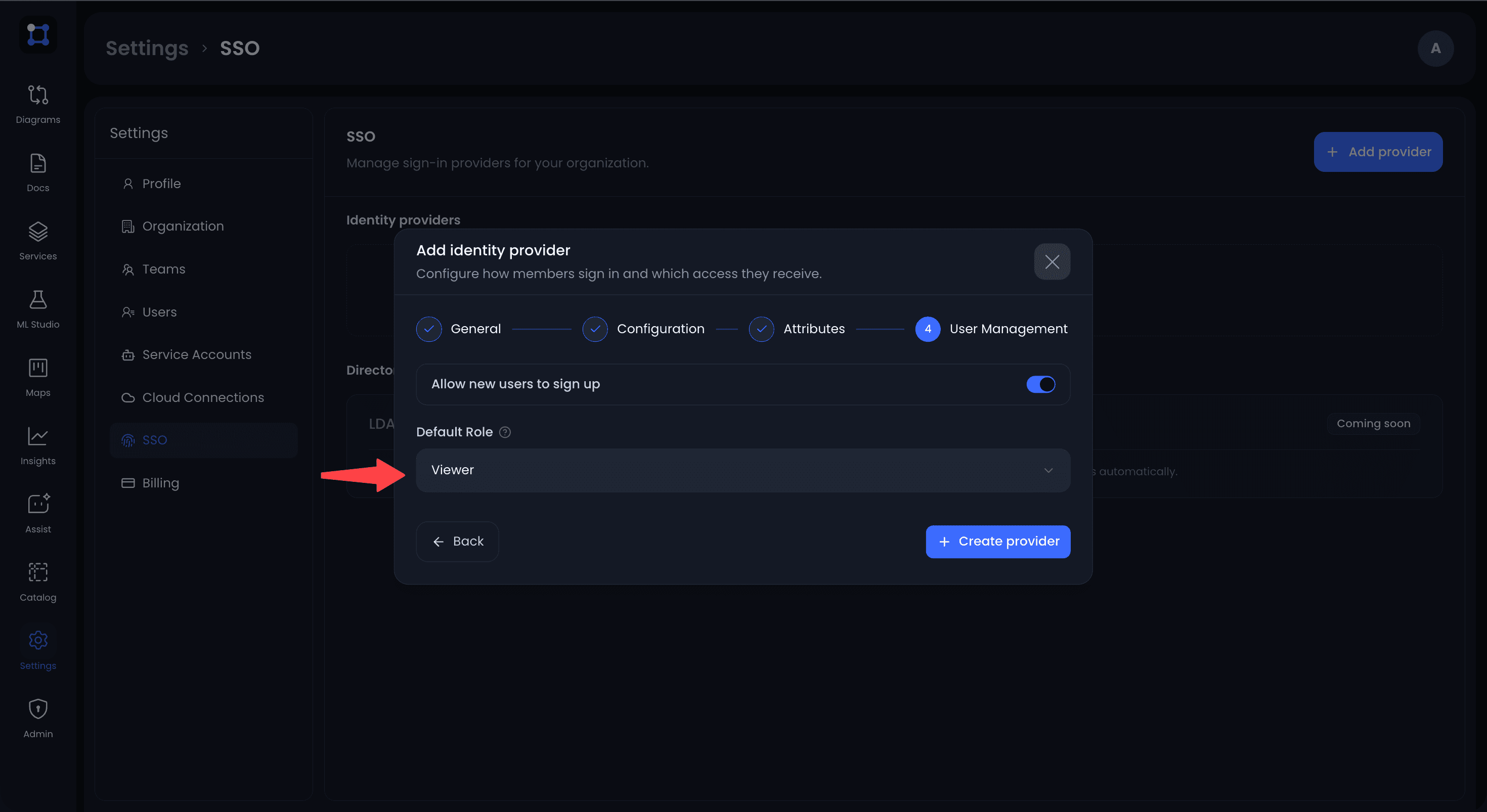 The User Management step of the UIGraph provider with new user sign up enabled and the default role set to Viewer
