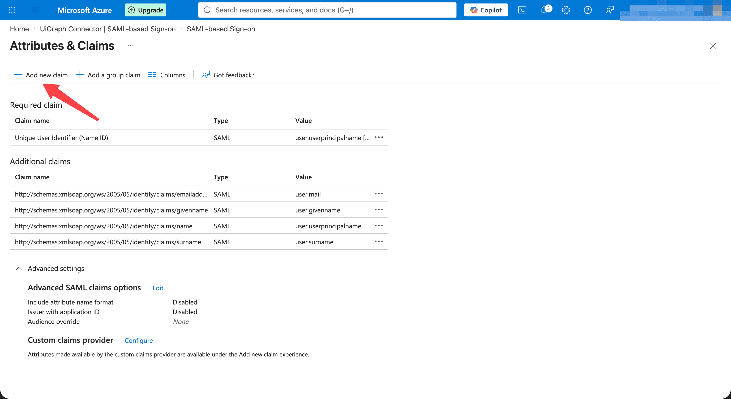 The Add new claim button on the Attributes and Claims page