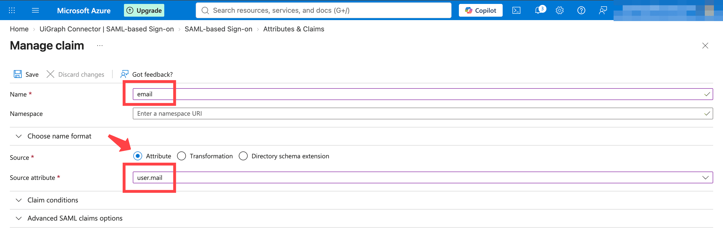 The Manage claim page with the name email and the source attribute user.mail