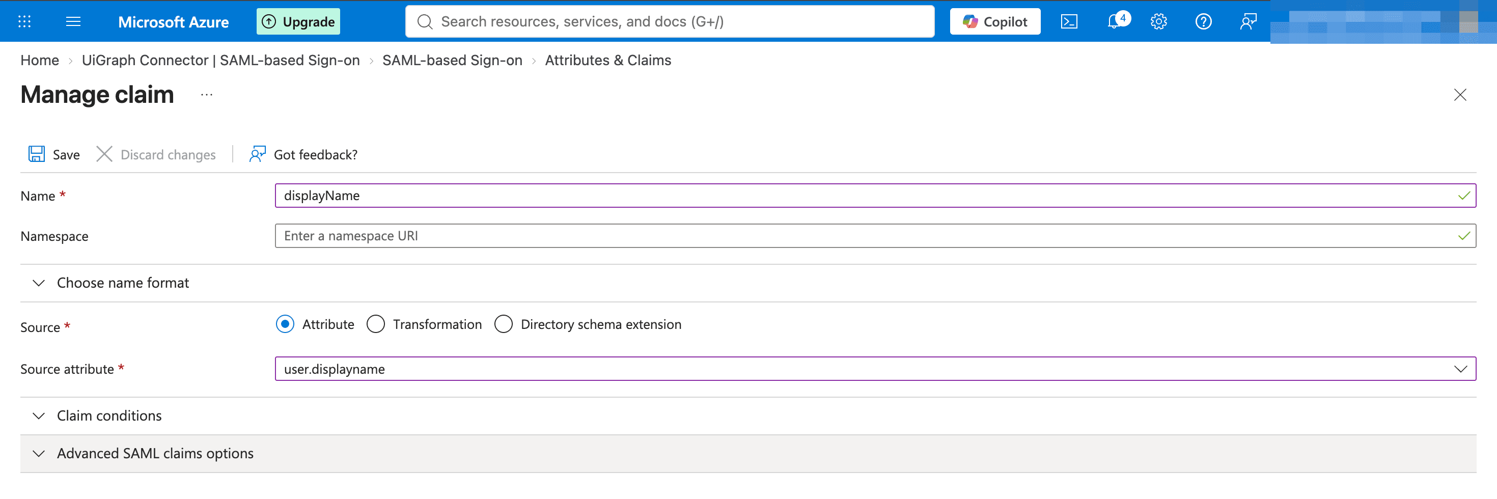 The Manage claim page with the name displayName and the source attribute user.displayname
