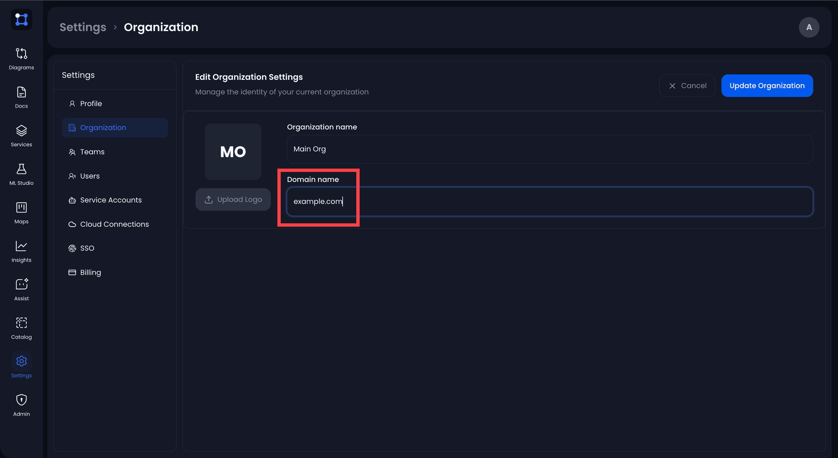 The Edit Organization Settings page in UIGraph with the Domain name field filled in