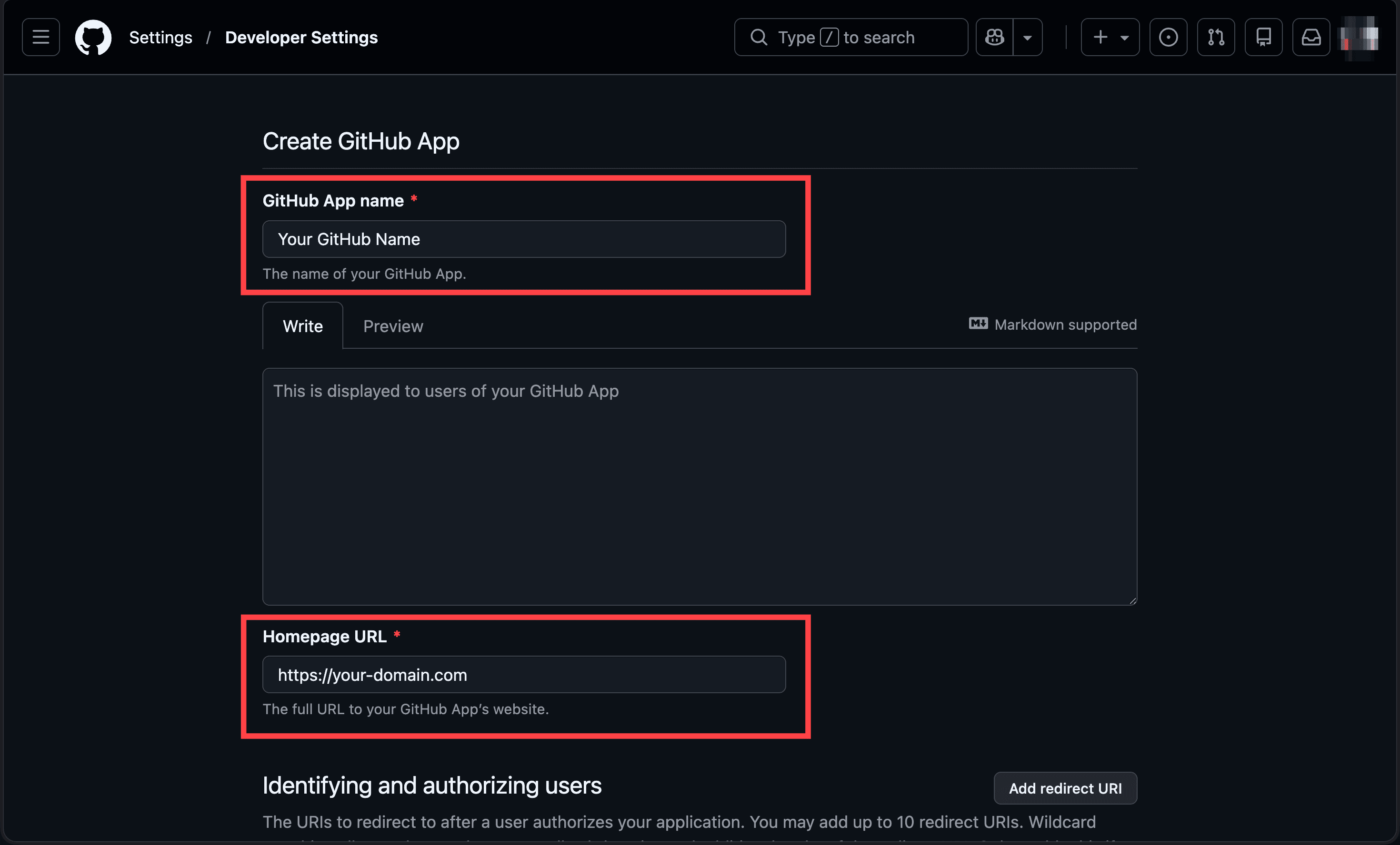 The Create GitHub App form with the app name and homepage URL filled in