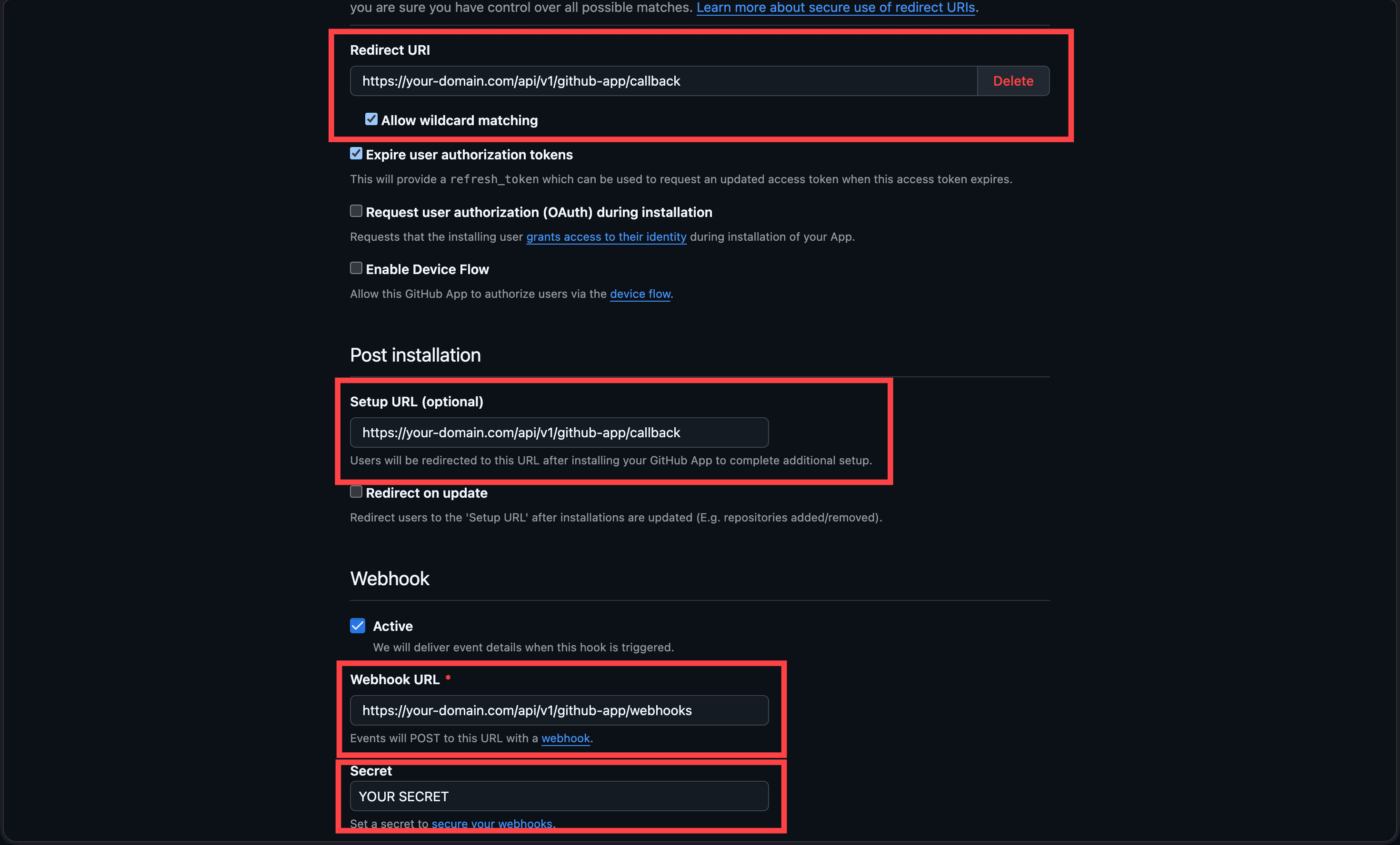 The redirect URI, setup URL, webhook URL, and webhook secret fields of the Create GitHub App form