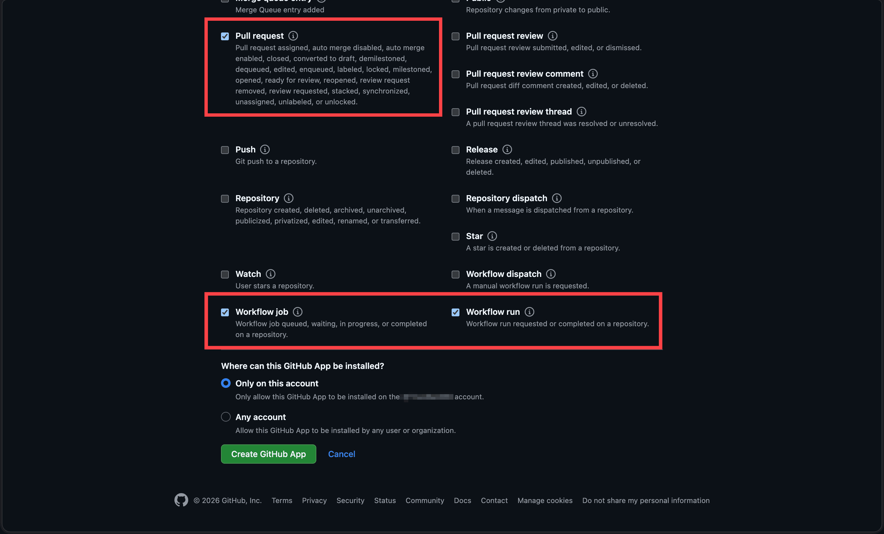 Workflow job, Workflow run, and Pull request selected under Subscribe to events, above the Create GitHub App button